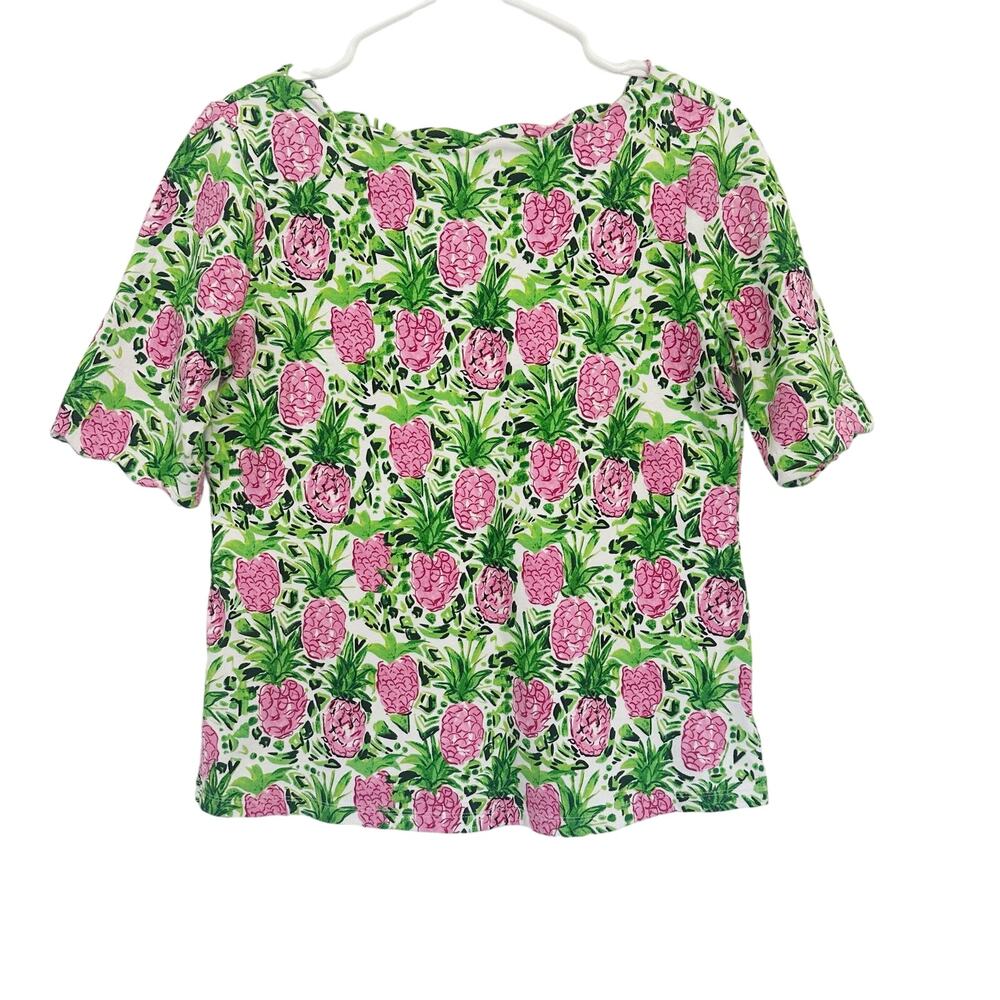 Charter Club Scalloped Pineapple-Print Top Blouse pink green Women Size Small